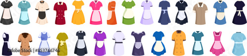 Maid uniform icons set. Large set of colorful maid and housekeeping uniforms in different styles for cleaning services