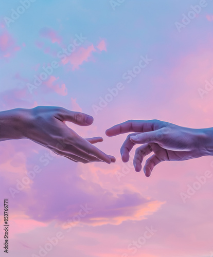 hands reaching out to touch in the sky. Pastel toned image of the sky and clouds. Michaelangelo inspired image of two hands reaching out. 
