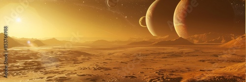Unknown Planet Landscape, Unearthly Epic View, Unfamiliar Huge Planets of Different Sizes photo