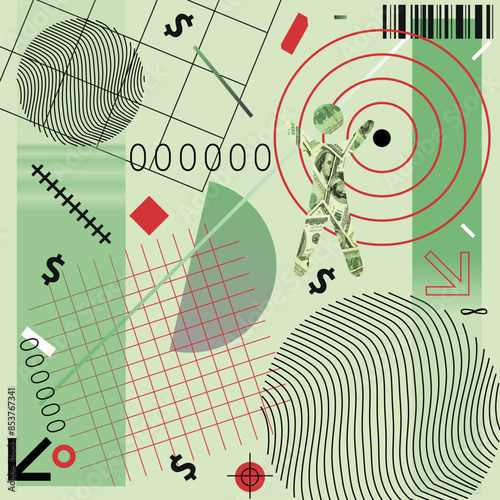 Vector collage banner. Human dollars silhouette and set of different shapes grid, stripe, numbers, square, circle, wave lines, target and bar code on green background. Vector illuastration.