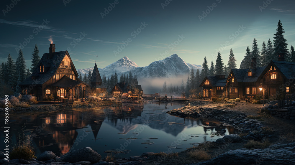 Obraz premium Contemporary Landscape Of The Peaceful Village With Mountains and River Background
