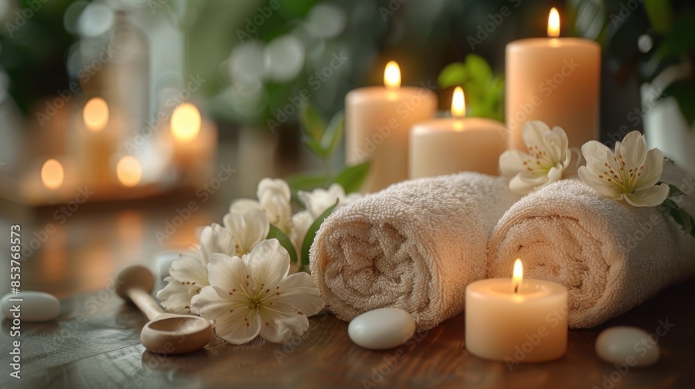 A serene spa setting featuring elegant candles, aromatic essential oils, and a plush white towel neatly rolled up on a polished wooden surface. The soft lighting creates a tranquil ambiance perfect A serene spa setting featuring elegant candles, aromatic essential oils, and a plush white towel neatly rolled up on a polished wooden surface. The soft lighting creates a tranquil ambiance perfect
