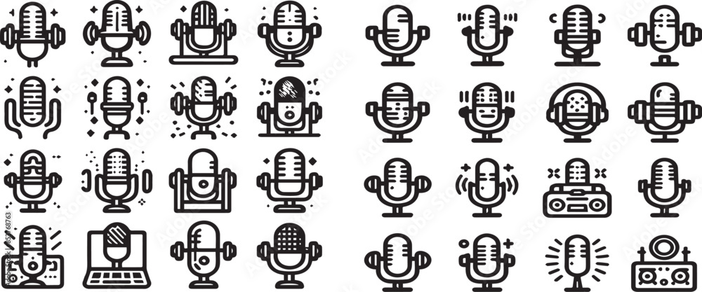 Print Microphone Outline Icon Set .Voice Record Symbols and Audio Mic Logos Print Microphone Outline Icon Set .Voice Record Symbols and Audio Mic Logos
