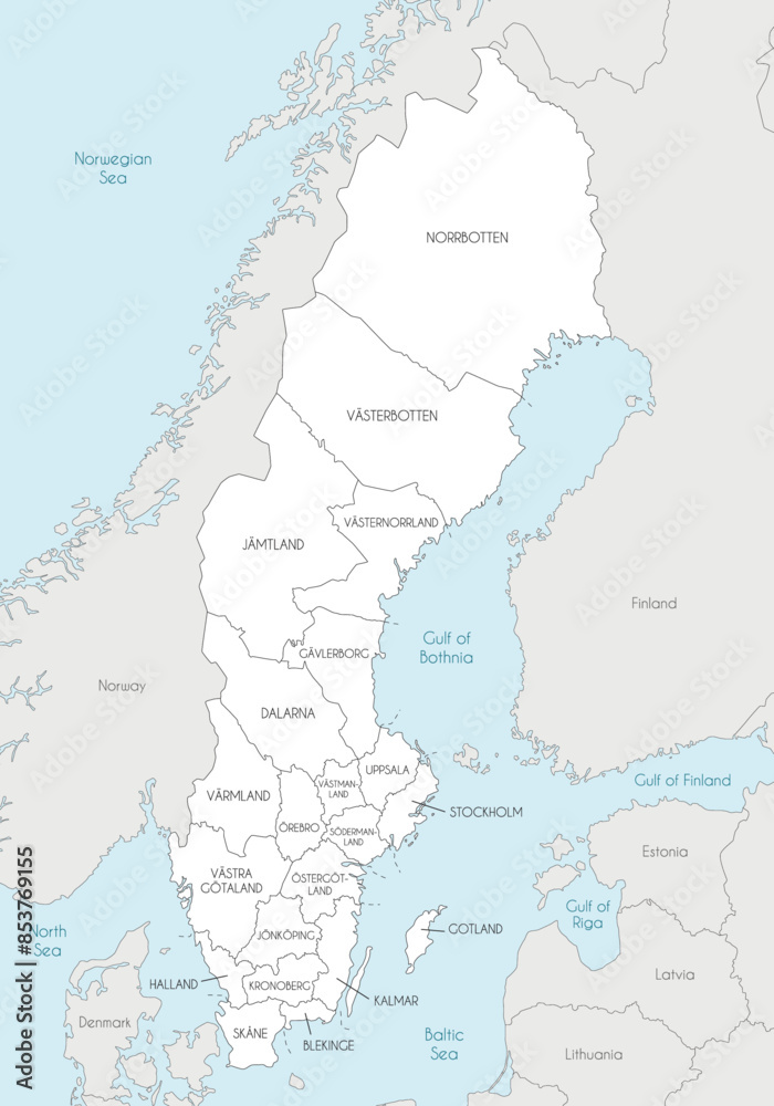 Fototapeta premium Vector regional map of Sweden with counties and administrative divisions, and neighbouring countries. Editable and clearly labeled layers.