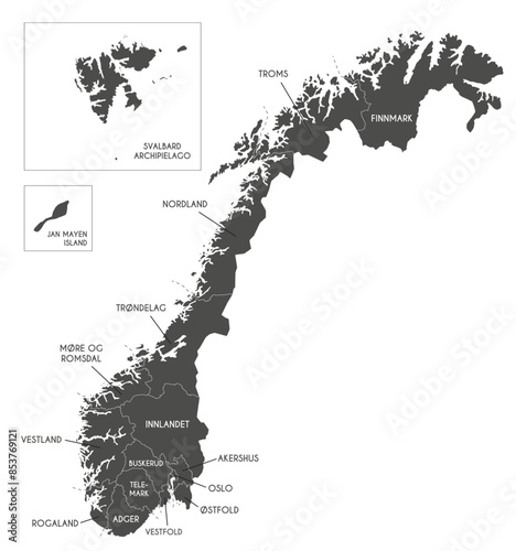 Vector regional map of Norway with counties and territories, and administrative divisions. Editable and clearly labeled layers.