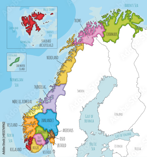 Vector illustrated regional map of Norway with counties and territories, and neighbouring countries. Editable and clearly labeled layers.