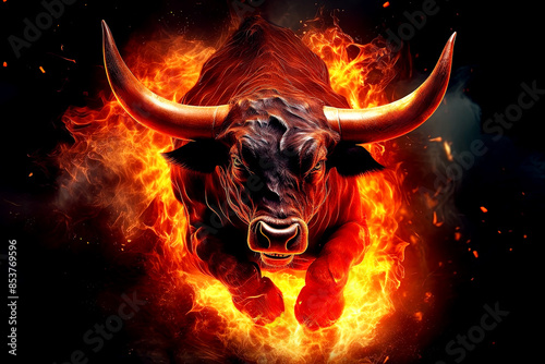 Bull in the fire, black bull with horns. Generative Ai