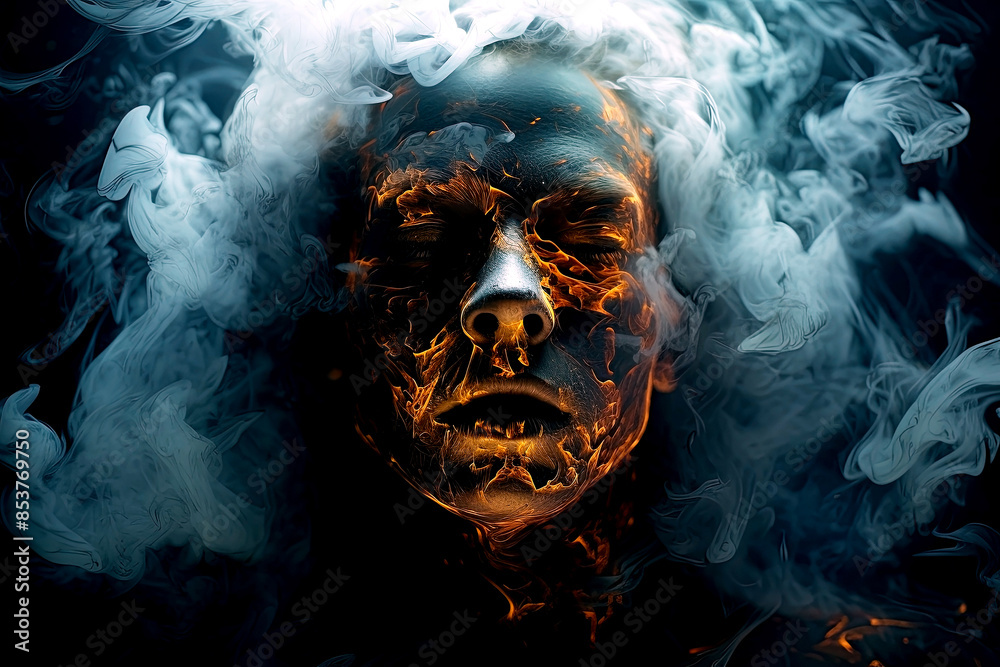 Scary monster in blue smoke on black background. Halloween concept. Generative Ai Scary monster in blue smoke on black background. Halloween concept. Generative Ai