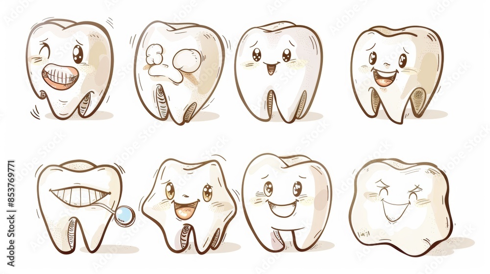 Collection of various expressions of a cute tooth cartoon character. Collection of various expressions of a cute tooth cartoon character.