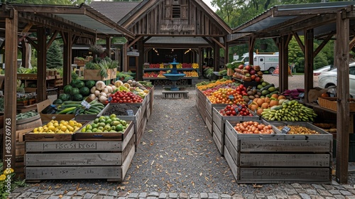 A small-town farmer's market bustling with vibrant stalls offering fresh produce, handmade crafts, and local delicacies. The market is set in a charming town square with cobblestone paths and a