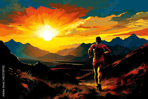 man running in the mountains at sunset. Sport and active life concept. Generative Ai