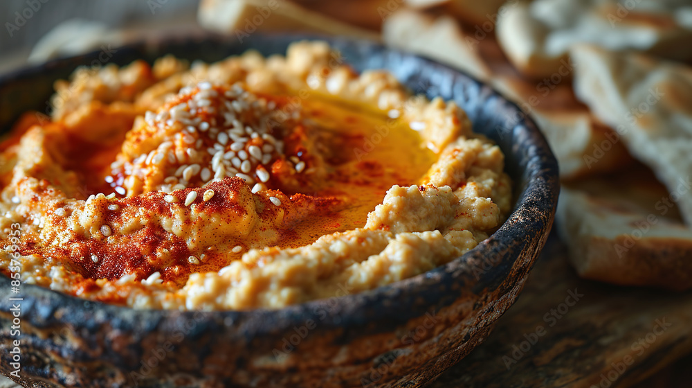Healthy Homemade Creamy Hummus In Ceramic Bowl On Blurry Background Healthy Homemade Creamy Hummus In Ceramic Bowl On Blurry Background