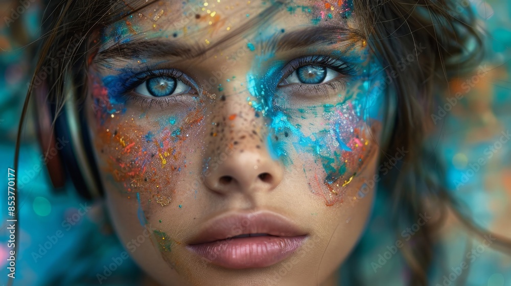 Woman's face covered in vibrant paint splatters, embodying creativity and artistic expression. Woman's face covered in vibrant paint splatters, embodying creativity and artistic expression.
