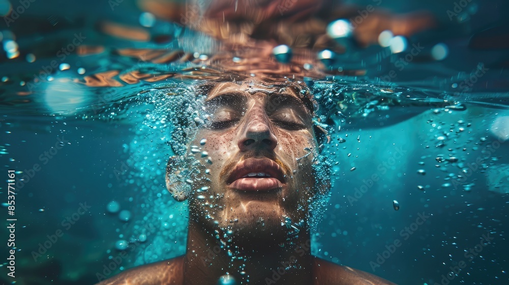 Man submerged underwater in the blue ocean depths, Deep dive into serenity Man submerged underwater in the blue ocean depths, Deep dive into serenity