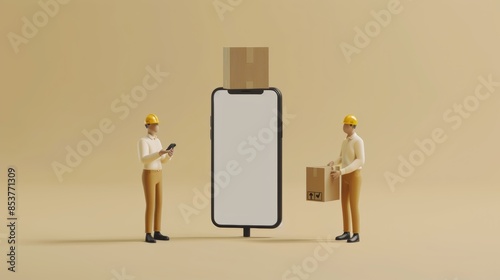 Wallpaper Mural Smartphone stand on neutral background with pictures of the website and boxes on the screen Simulate two characters dressed as delivery drivers near the screen. Pick up the box from the 3D screen. Torontodigital.ca