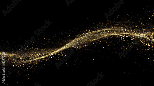 A single trail of sparkling gold glitter on a black background, with the trail transforming into an elegant and graceful curve that conveys movement and fluidity. The particles in each grain sparkle 