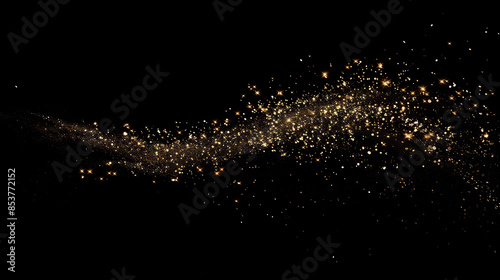 A single trail of sparkling gold glitter on a black background, with the trail transforming into an elegant and graceful curve that conveys movement and fluidity. The particles in each grain sparkle 