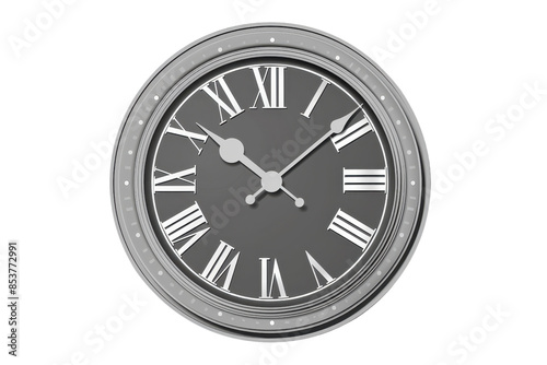 A classic round wall clock with a gray face and white Roman numerals, perfect for home or office decor, displaying the time clearly and elegantly.