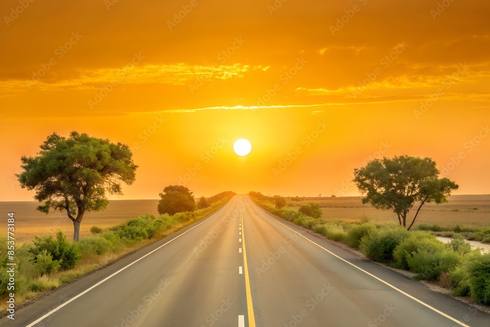 Golden Sunset Over Desert Highway with Endless Horizon and Trees Golden Sunset Over Desert Highway with Endless Horizon and Trees