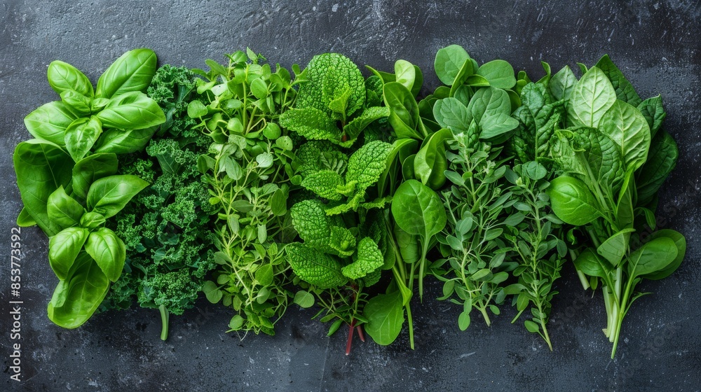 Fresh green herbs and leafy greens arranged on a dark surface Fresh green herbs and leafy greens arranged on a dark surface