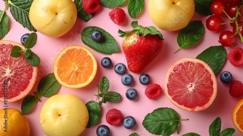 Fresh fruits (grapefruit, orange, apple) and berries (strawberry, blueberry, raspberry and redcurrant) on a pink surface