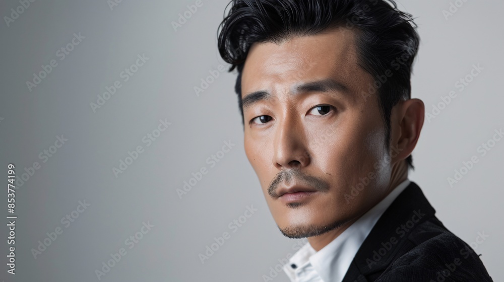 Obraz premium A asian man is posing for a picture in front of white wall.