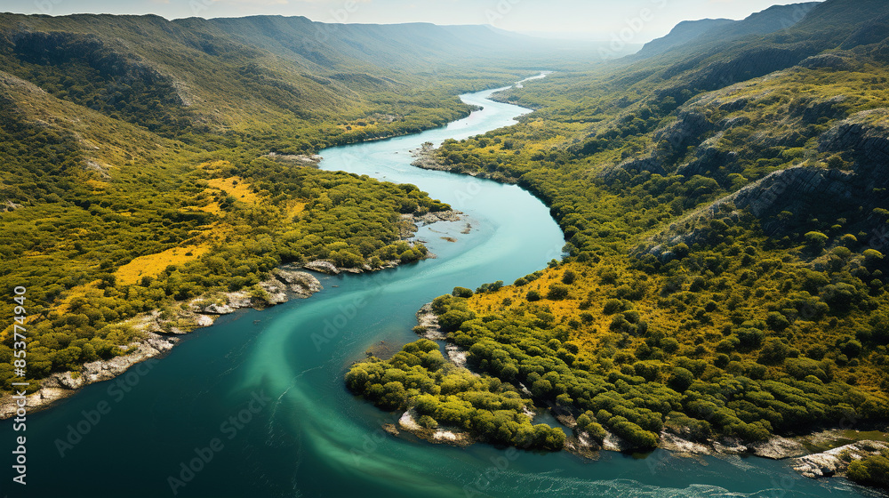 Obraz premium Contemporary River Lake Flow In The Rain Forest Drone Shot Landscape Background