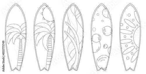 A fun coloring page featuring five surfboard designs with tropical and abstract patterns. Perfect for creative summer activities.