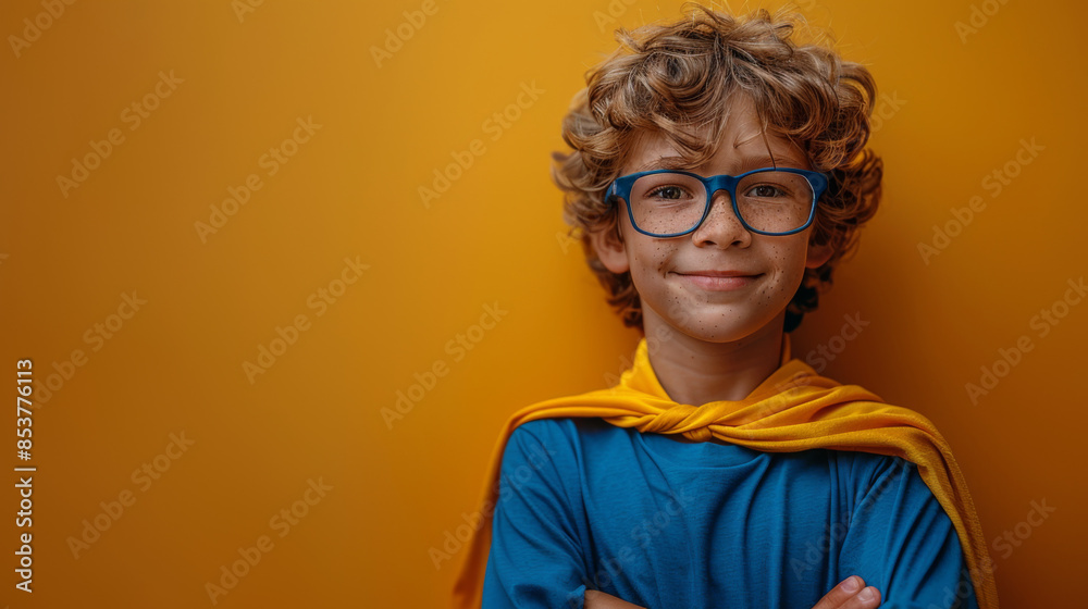Blond Boy with Big Eyeglasses Wearing Superhero Cape in Blue and Yellow Colors Blond Boy with Big Eyeglasses Wearing Superhero Cape in Blue and Yellow Colors