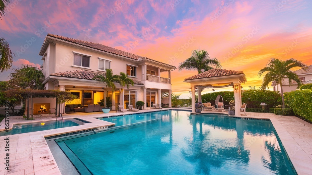 Fototapeta premium Swimming pool of a large mansion at sunset.