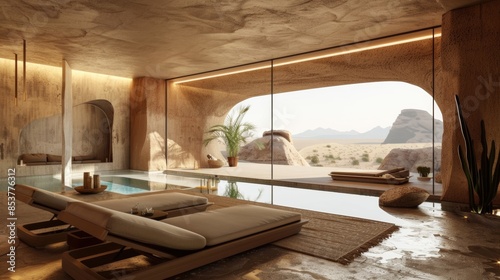 A large room with a pool and a view of mountains