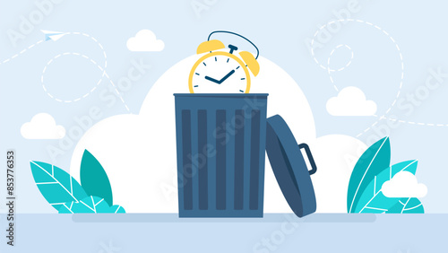 Waste of time. Trash can and clock, container bin for trash. Time to dispose of the spoiled product.  Expiration date has expired symbol. Clock, trash can. Vector illustration