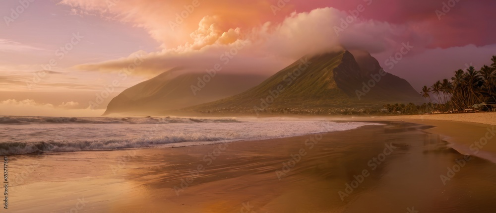 Fototapeta premium a beautiful beach with surfaces in the distance, a large mountain on one side