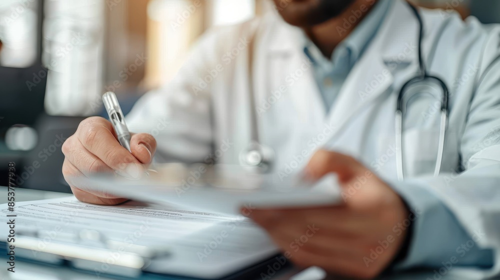 Fototapeta premium A medical professional is focused on scrutinizing medical paperwork with stethoscope visible