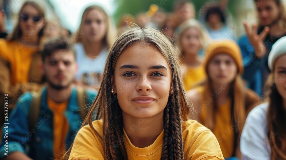 A focused young girl in yellow stands out in a crowd of diverse young people