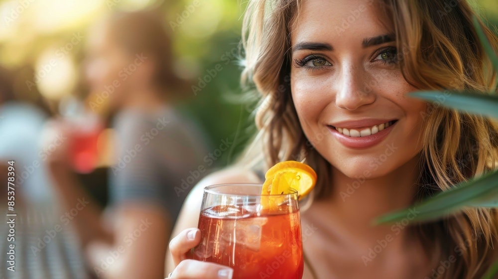 A joyful woman holding a cocktail cheers towards the camera with a warm summer backdrop A joyful woman holding a cocktail cheers towards the camera with a warm summer backdrop