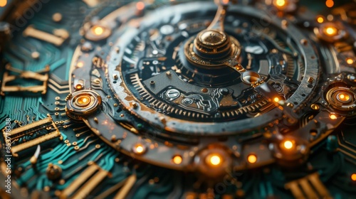 Antique Clockwork with Digital Elements: Show an intricate antique clockwork mechanism interwoven with digital circuit board patterns, symbolizing the convergence of past and future technologies. 