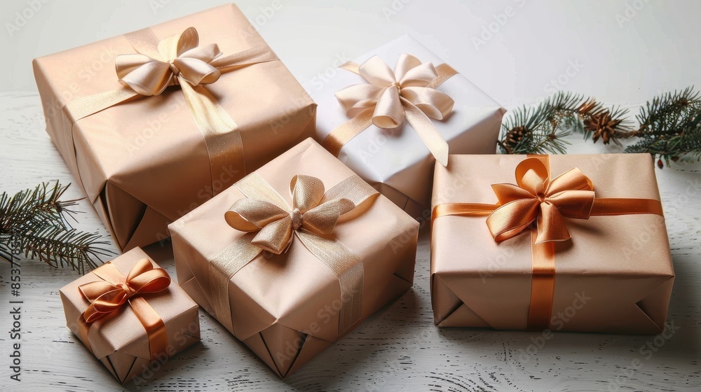 Multiple gift boxes wrapped in gold and silver with bows, ready for a celebration Multiple gift boxes wrapped in gold and silver with bows, ready for a celebration
