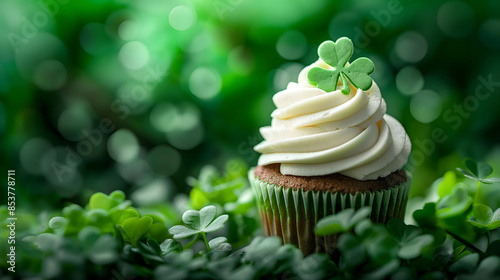 St Patricks Day cupcake and Fresh green clover leaves background photo