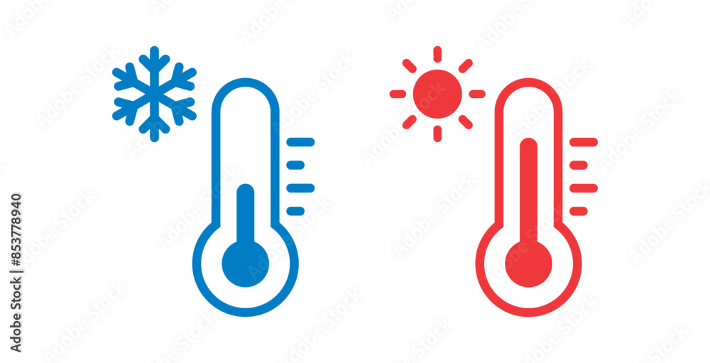 Hot and cold temperature vector icon set isolated on white background. Winter and summer weather thermometer with snowflake and sun symbols. Low and high temperature flat illustration collection. Hot and cold temperature vector icon set isolated on white background. Winter and summer weather thermometer with snowflake and sun symbols. Low and high temperature flat illustration collection.
