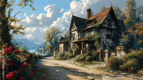 Beautiful Pathway An Ancient Rural Village With Trees and Vintage Houses Landscape Background © Image Lounge