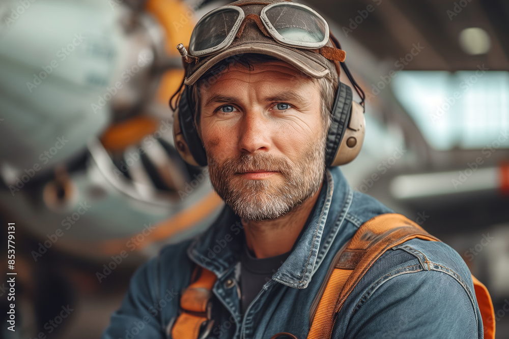 Aircraft Technician With Turbine Background Aircraft Technician With Turbine Background