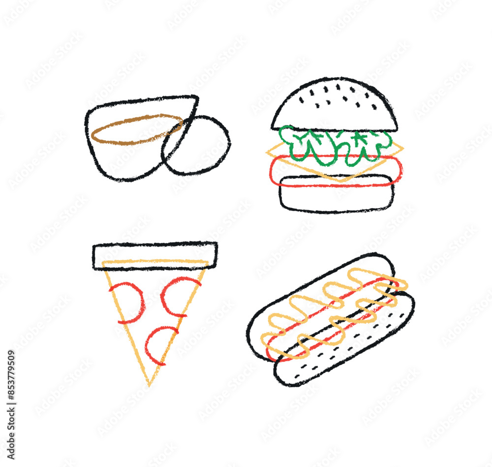 Fast food symbols cup of coffee, burger, slice of pizza, hot dog drawing with color in cartoon style on white background