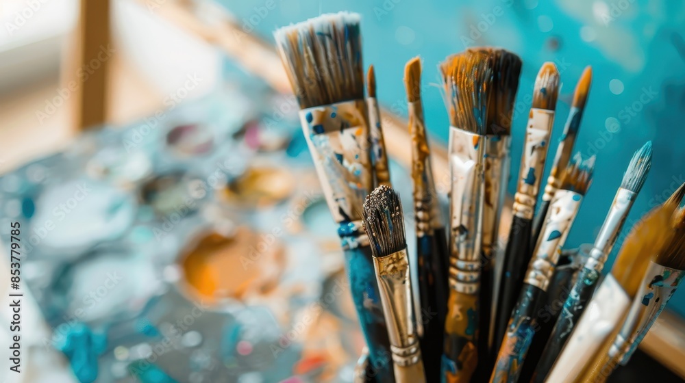 Fototapeta premium Close-up of used artists' brushes with colorful dried paint against an artistic backdrop, showing creativity and art process