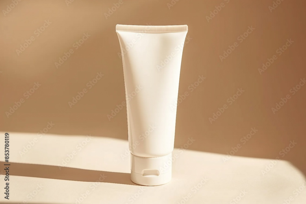 A white tube of face cream on a beige background, marketing presentation, mock up, branding. generative ai. A white tube of face cream on a beige background, marketing presentation, mock up, branding. generative ai.