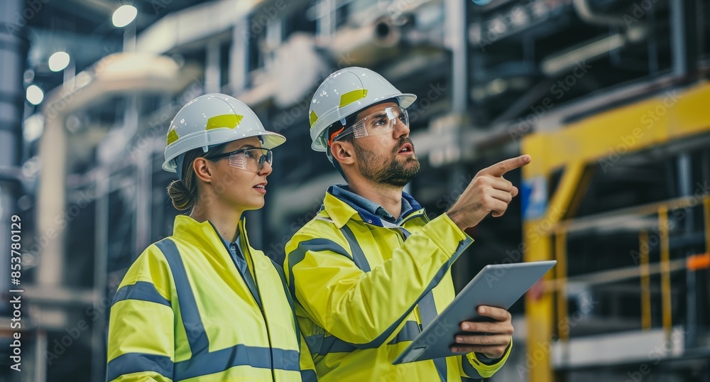 A male and female construction worker wearing yellow safety jackets, white helmets holding a tablet computer while standing in front of a concrete factory A male and female construction worker wearing yellow safety jackets, white helmets holding a tablet computer while standing in front of a concrete factory