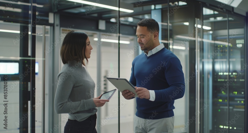 A male and female IT professional discussing in front of a high speed ...