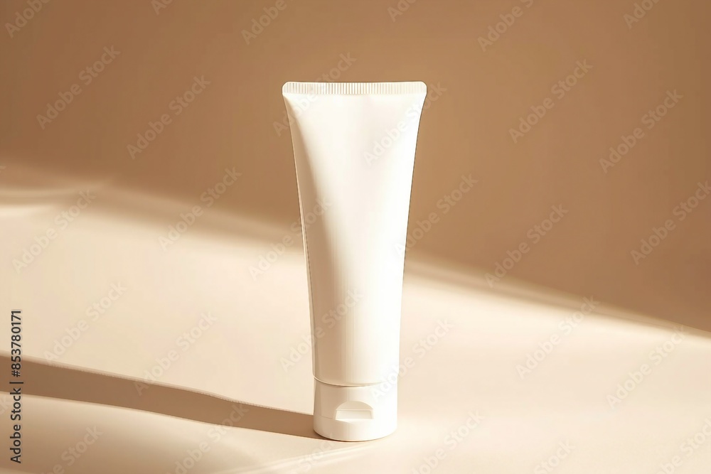 A white tube of face cream on a beige background, marketing presentation, mock up, branding. generative ai. A white tube of face cream on a beige background, marketing presentation, mock up, branding. generative ai.