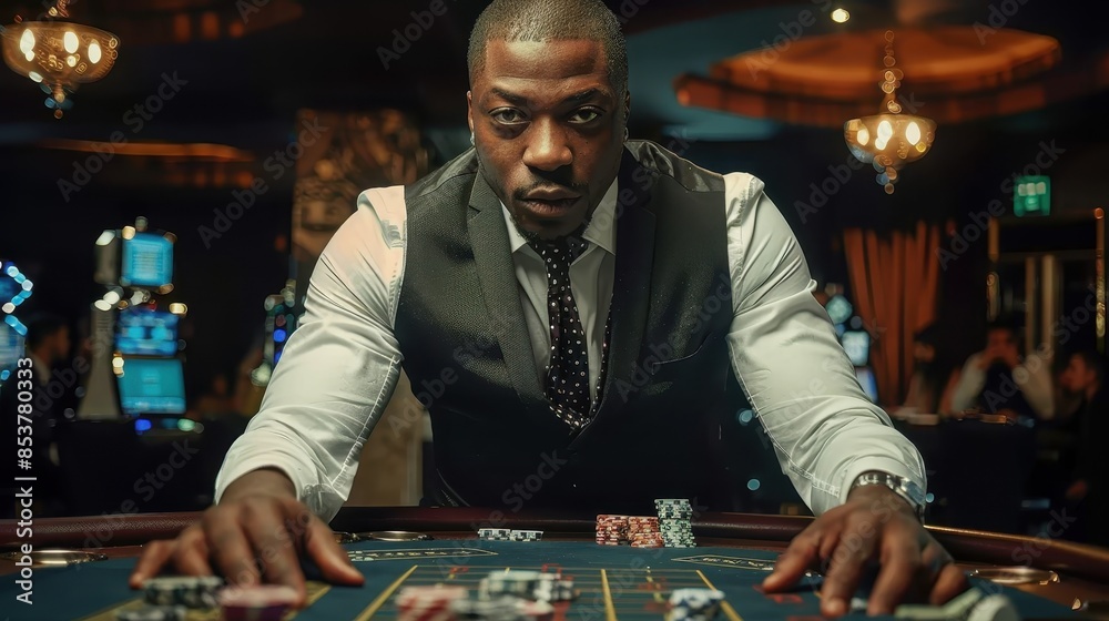 A sharply dressed man leaning forward as he contemplates his next move in a high-stakes poker game A sharply dressed man leaning forward as he contemplates his next move in a high-stakes poker game