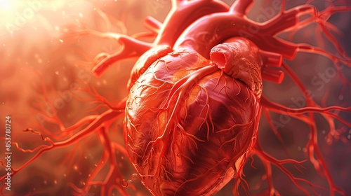 A close-up illustration of the human heart, showcasing its complex structure, including veins and arteries. Generative AI
